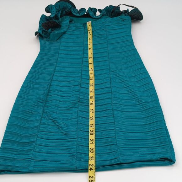 XOXO Y2K Teal Ruffle Rose Bodycon One Shoulder Mini Dress Size Small - Picture 6 of 9